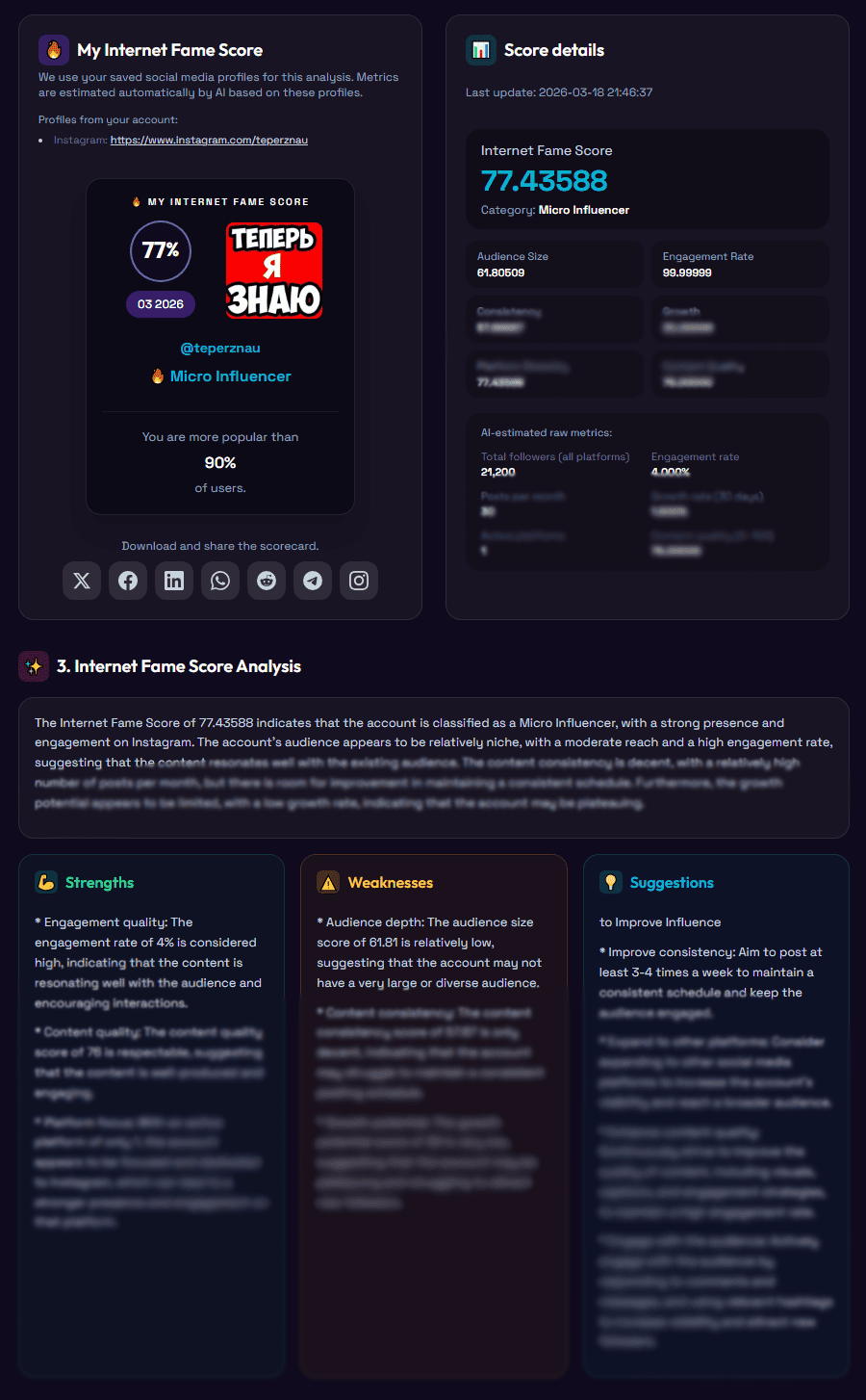 Internet Fame Score analysis screenshot from a participant